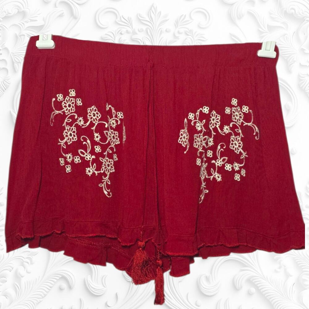 Harmony + Havoc Maroon Boho Embroidered Tassel Shorts Size L